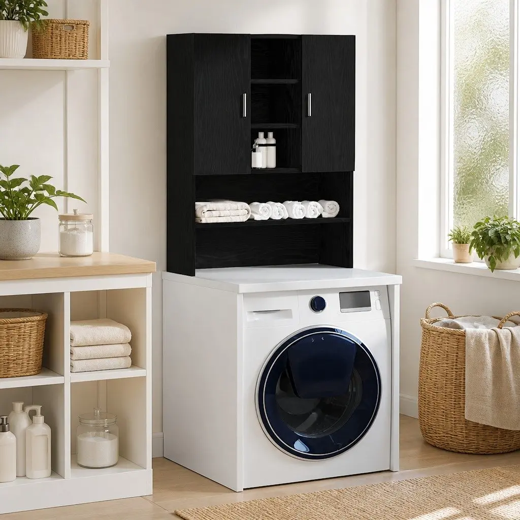Washing Machine Cabinet Engineered Wood 70.5 x 25.5 x 90 cm Black Oak Storage Organiser Bathroom Laundry Room