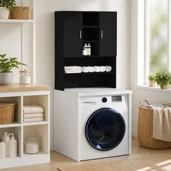 Functional Black Oak Washing Machine Storage Cabinet