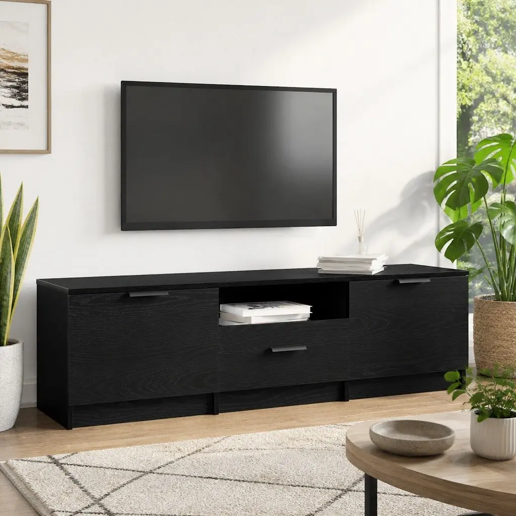 TV Cabinet Black Engineered Wood 140cm with Drawer for Living Room Storage
