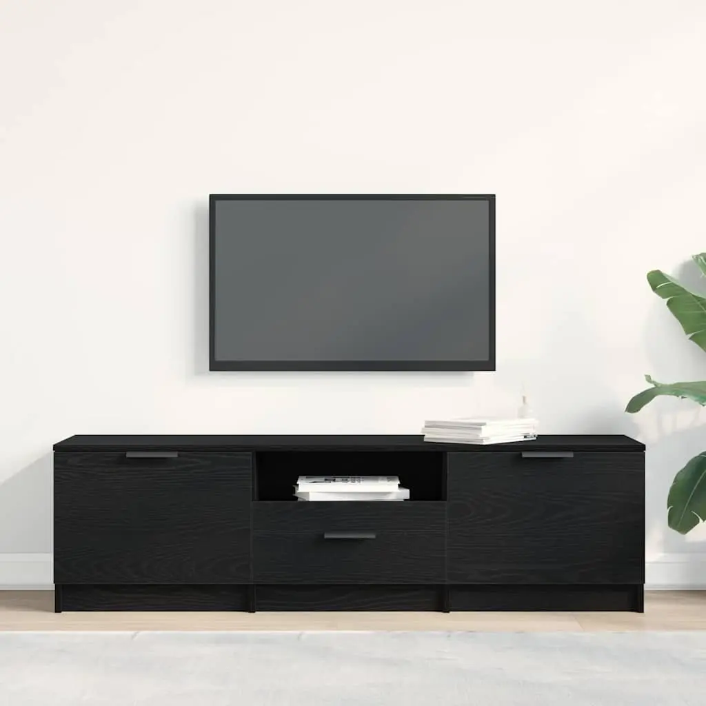 TV Cabinet Black Engineered Wood 140cm with Drawer for Living Room Storage