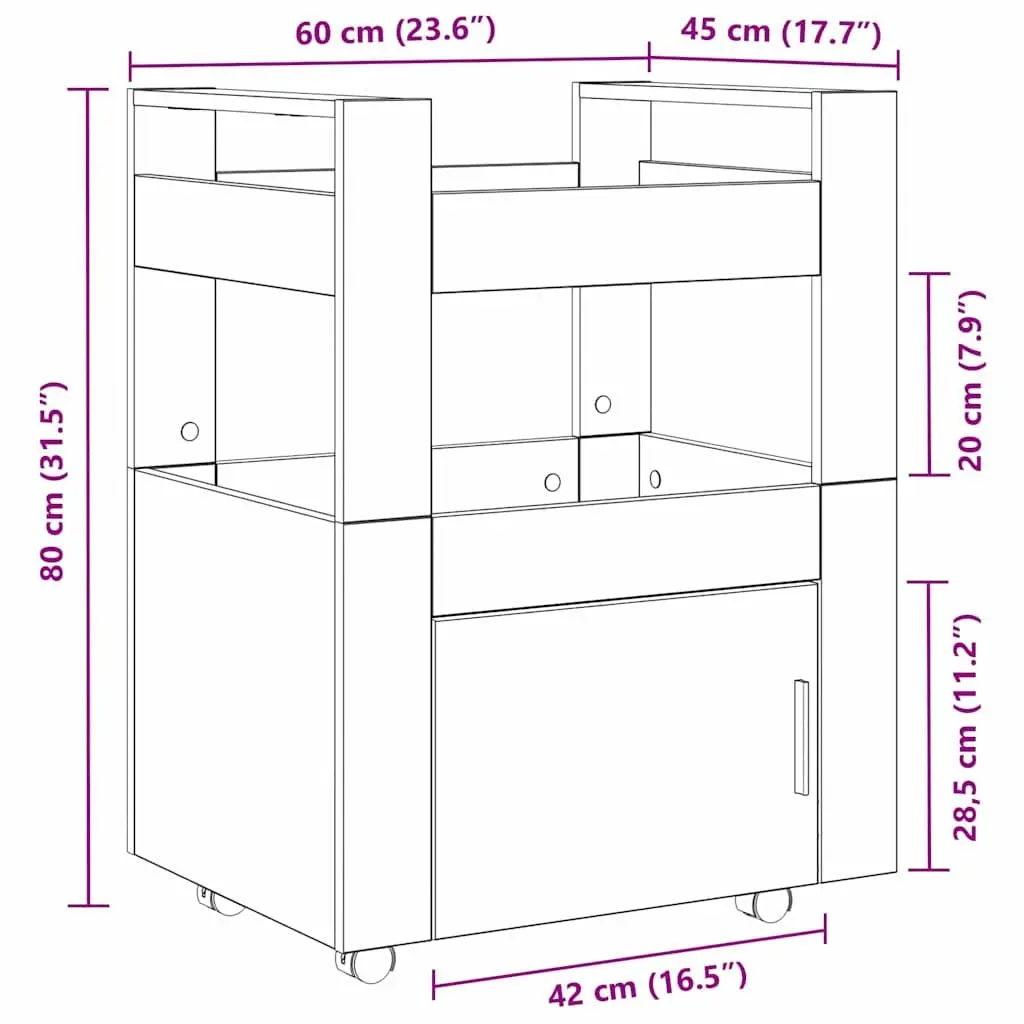 Kitchen Cart Engineered Wood Black Oak 60cm x 45cm x 80cm Multi-Level Storage Rolling Trolley