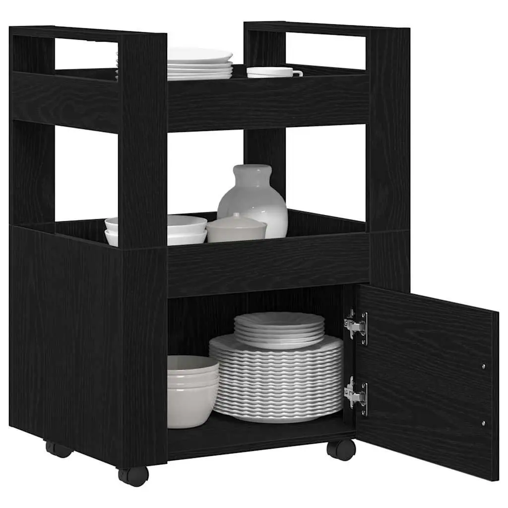 Kitchen Cart Engineered Wood Black Oak 60cm x 45cm x 80cm Multi-Level Storage Rolling Trolley