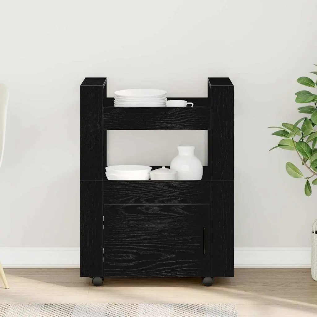 Kitchen Cart Engineered Wood Black Oak 60cm x 45cm x 80cm Multi-Level Storage Rolling Trolley