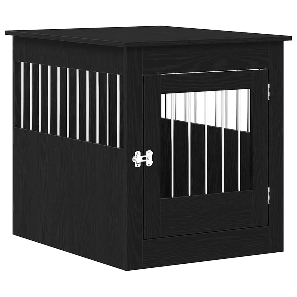 Dog Crate Furniture End Table Black Oak Engineered Wood Steel Wire Kennel House