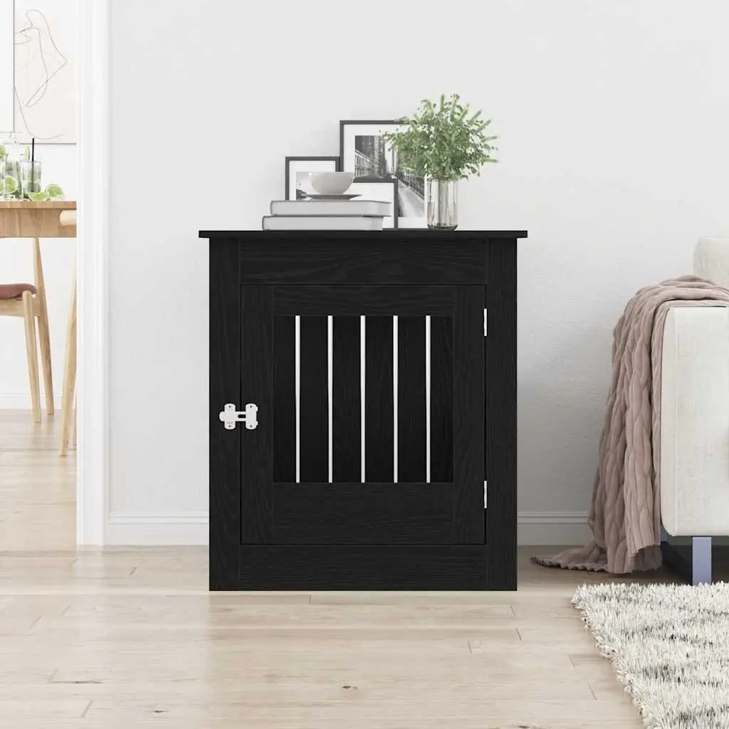 Dog Crate Furniture End Table Black Oak Engineered Wood Steel Wire Kennel House