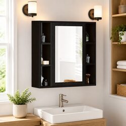 Bathroom Mirror Cabinet Wall-Mounted Storage Vanity Unit Black 60x16x60cm