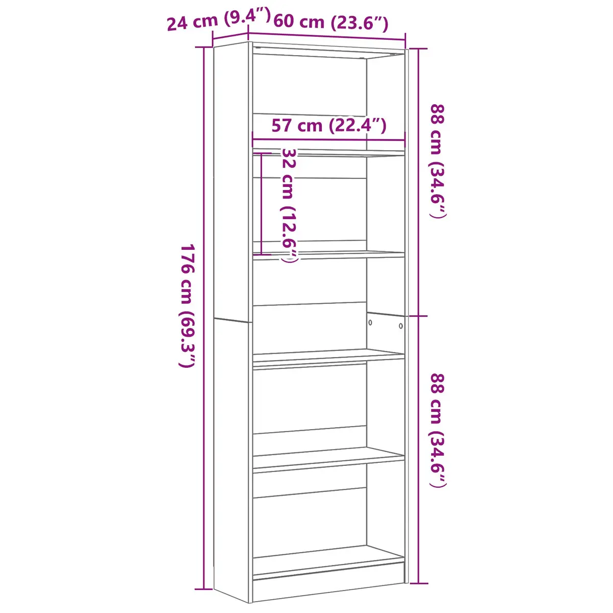 Bookshelf Engineered Wood Freestanding 60 x 24 x 176 cm Black Oak Modern Storage Unit