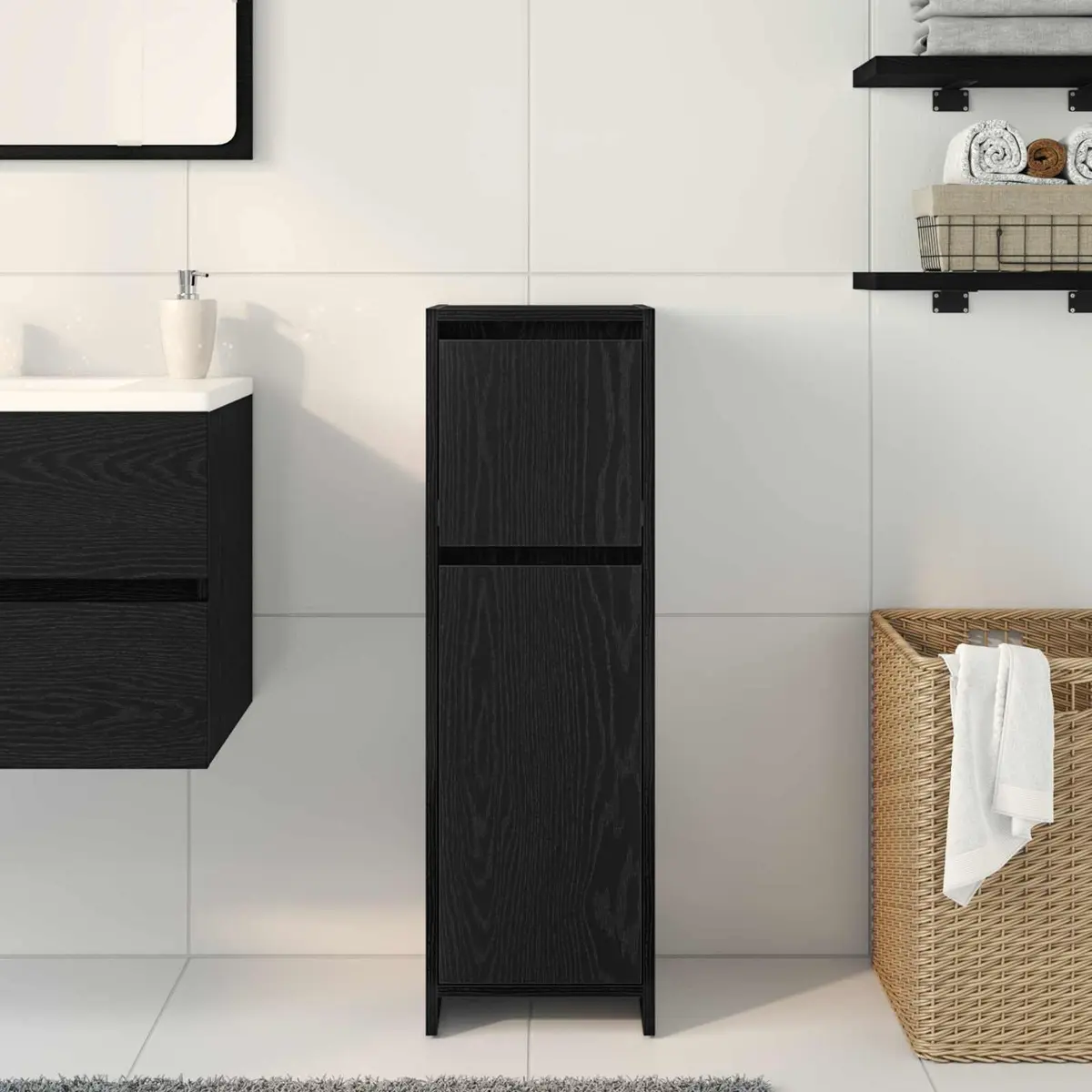 Bathroom Cabinet Engineered Wood 30 x 30 x 95 cm Black Oak Modern Storage Unit