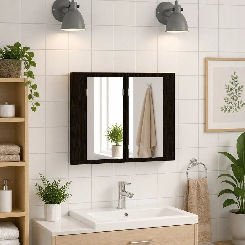 Bathroom Cabinet Wall-Mounted LED Lighting Storage Unit Engineered Wood Glass Black Oak 60 x 12 x 45 cm