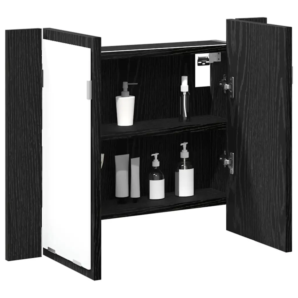 Bathroom Cabinet Wall-Mounted LED Lighting Storage Unit Engineered Wood Glass Black Oak 60 x 12 x 45 cm