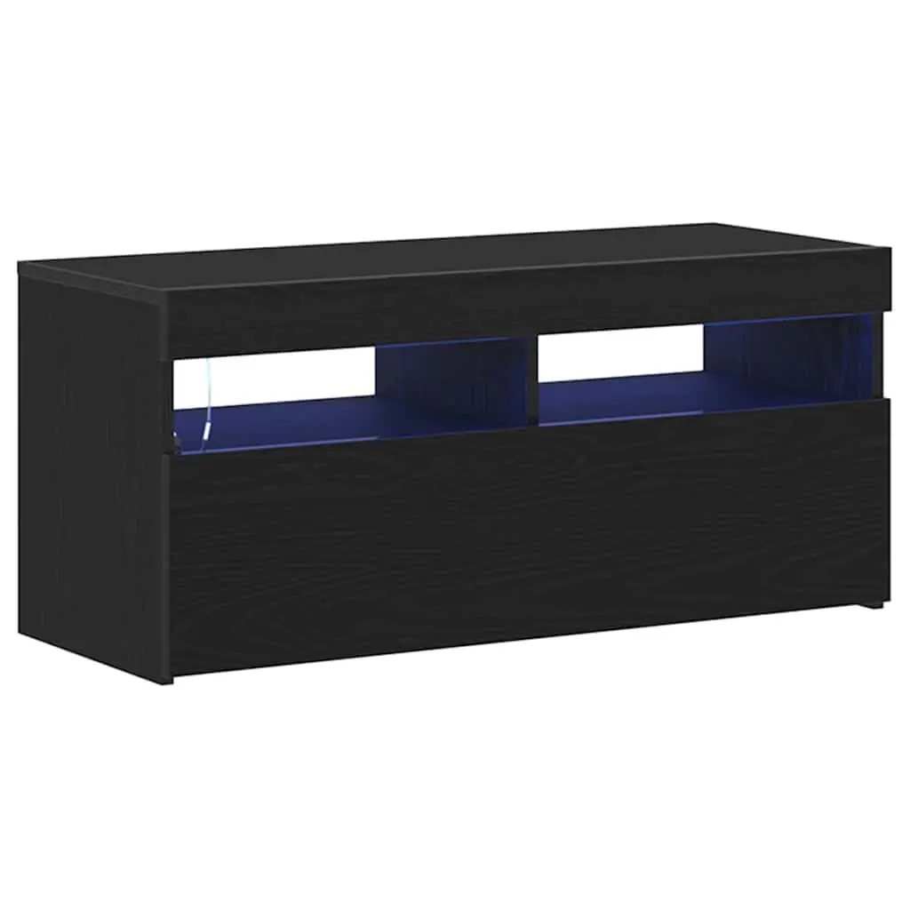 TV Cabinet Engineered Wood 90 x 35 x 40 cm Black Oak Modern Lowboard with LED Lights