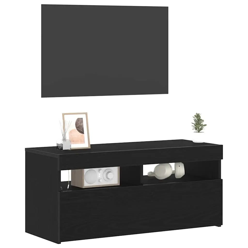 TV Cabinet Engineered Wood 90 x 35 x 40 cm Black Oak Modern Lowboard with LED Lights