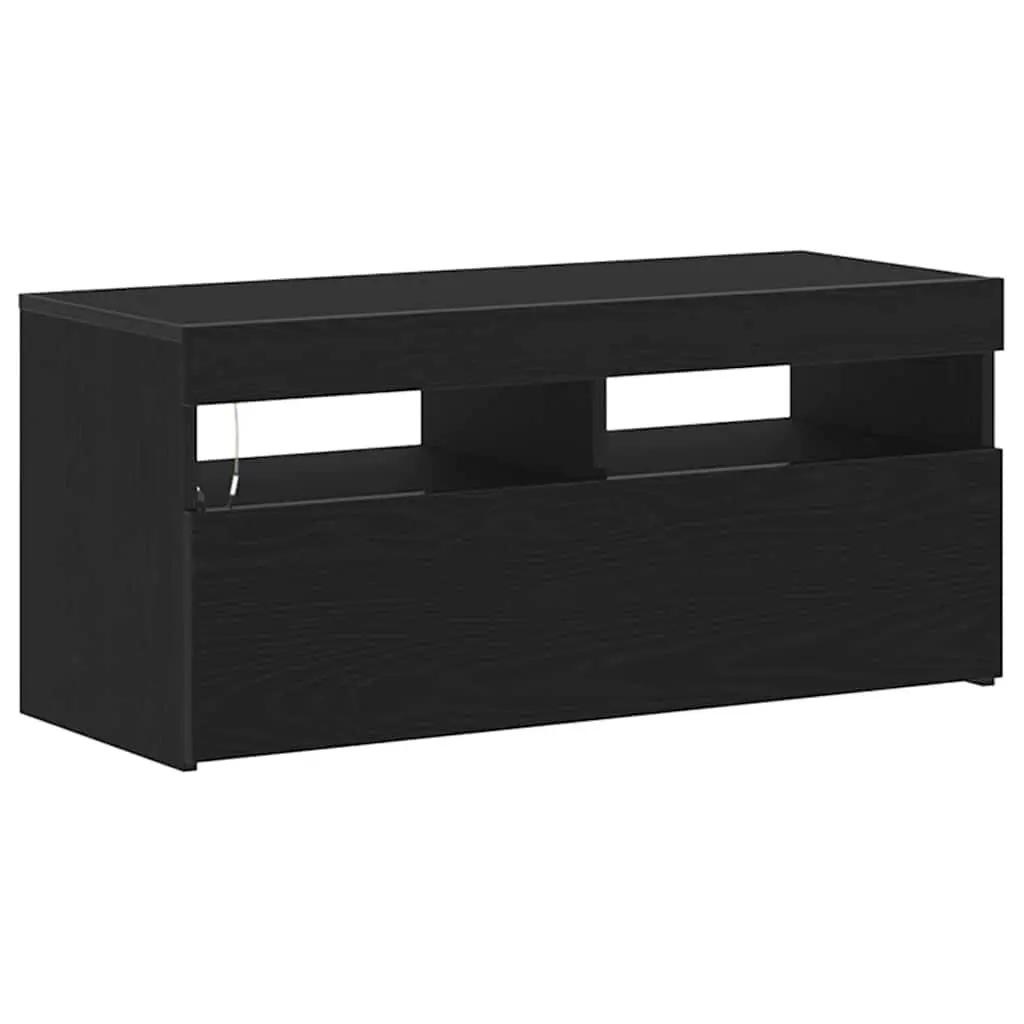 TV Cabinet Engineered Wood 90 x 35 x 40 cm Black Oak Modern Lowboard with LED Lights