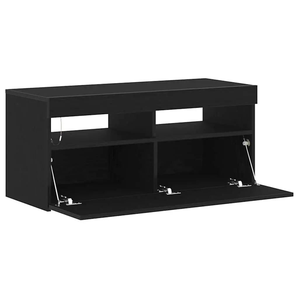 TV Cabinet Engineered Wood 90 x 35 x 40 cm Black Oak Modern Lowboard with LED Lights
