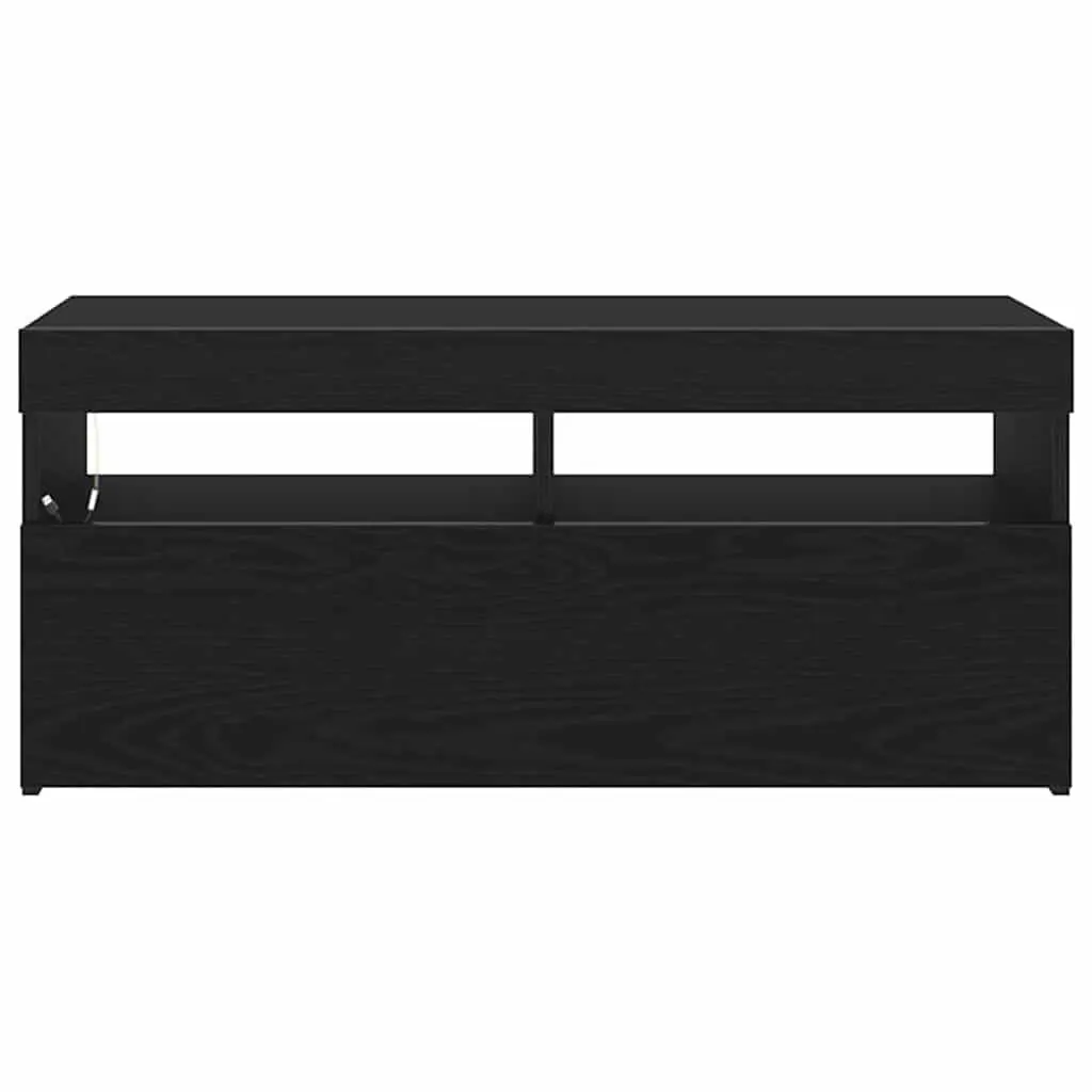 TV Cabinet Engineered Wood 90 x 35 x 40 cm Black Oak Modern Lowboard with LED Lights