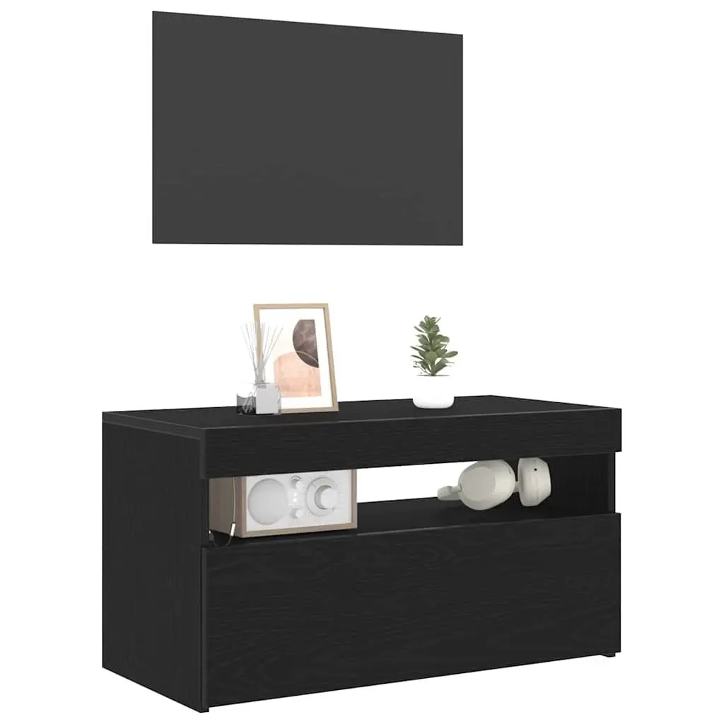 TV Cabinet Black Oak Living Room Media Storage Unit with LED Lighting 75x35x40cm