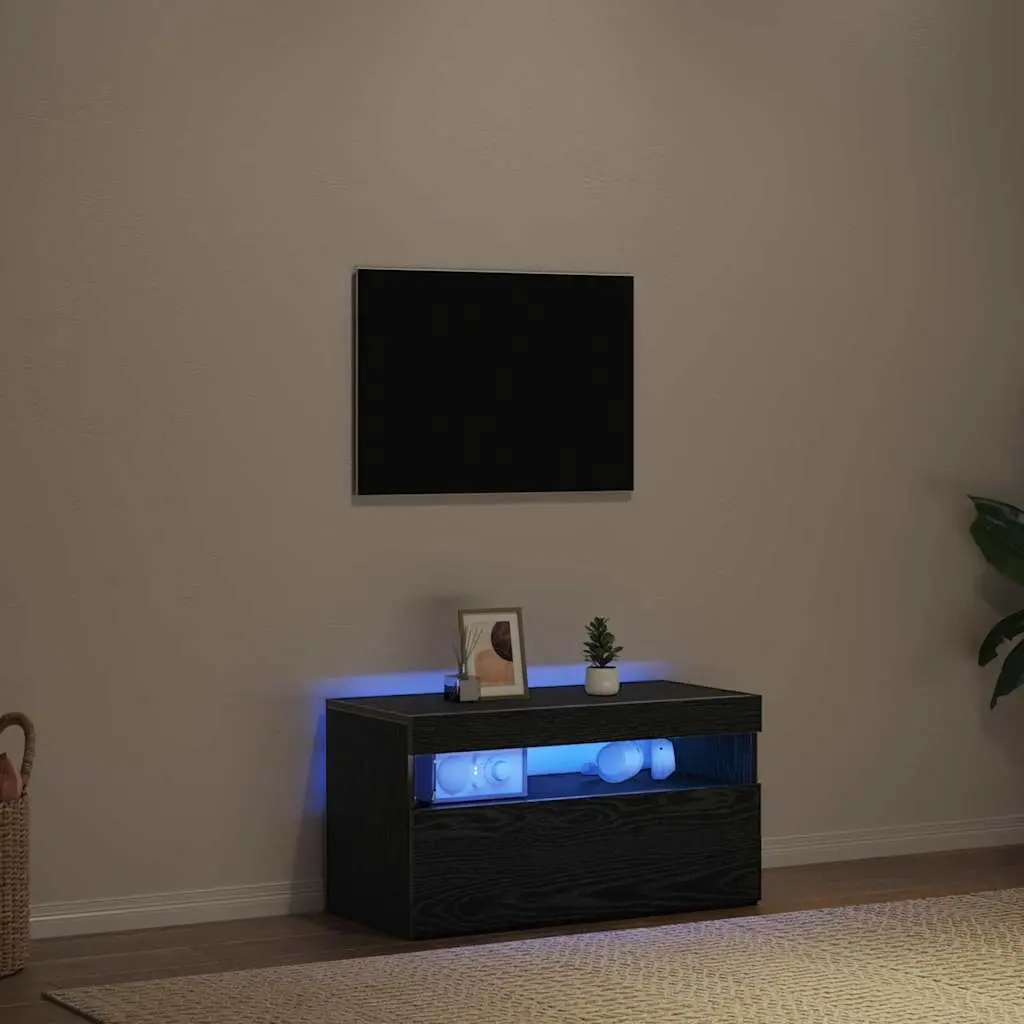 TV Cabinet Black Oak Living Room Media Storage Unit with LED Lighting 75x35x40cm