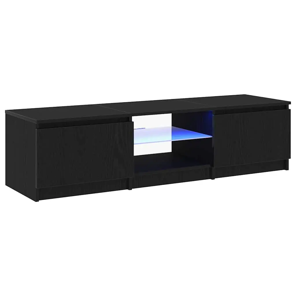 TV Stand Engineered Wood Black Oak Rectangular Media Storage Unit with LED Lights and Shelves
