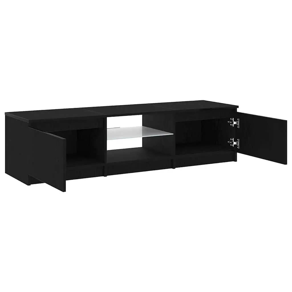 TV Stand Engineered Wood Black Oak Rectangular Media Storage Unit with LED Lights and Shelves