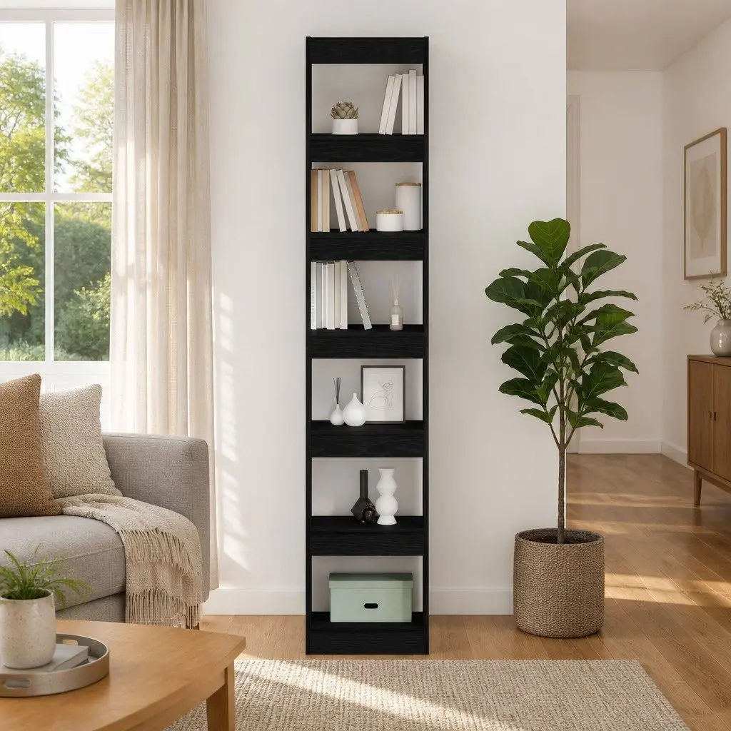 Freestanding Shelving Unit Engineered Wood Black Oak Lounge Storage 198cm with Six Open Cube Shelves