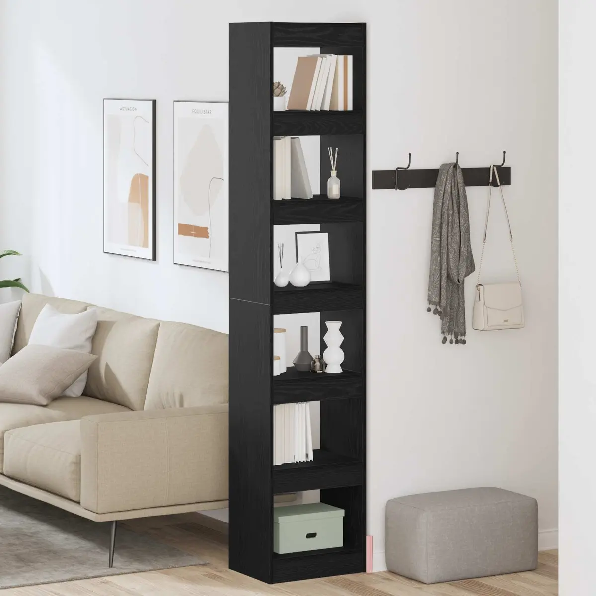 Freestanding Shelving Unit Engineered Wood Black Oak Lounge Storage 198cm with Six Open Cube Shelves