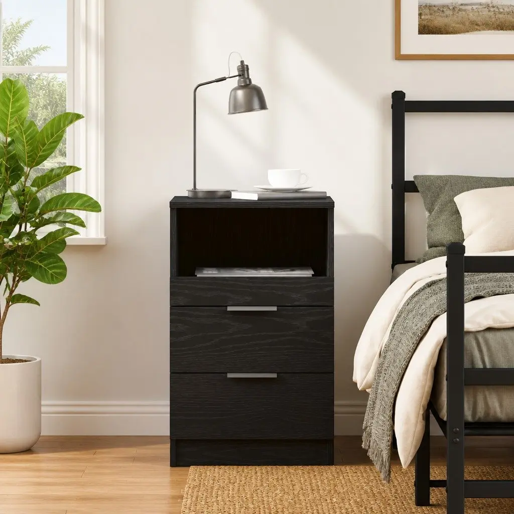 Black Oak Bedside Cabinet Engineered Wood Nightstand 40x35x65cm Storage Drawer
