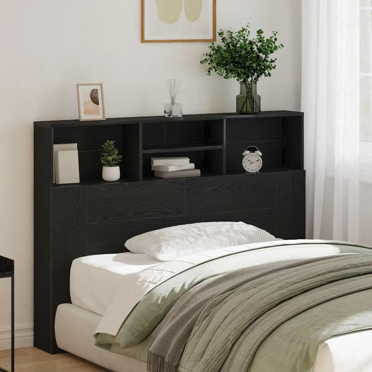 Headboard Cabinet Wall-Mounted Engineered Wood 140 x 19 x 103.5 cm Black Oak Modern Bedroom Storage Shelving Unit