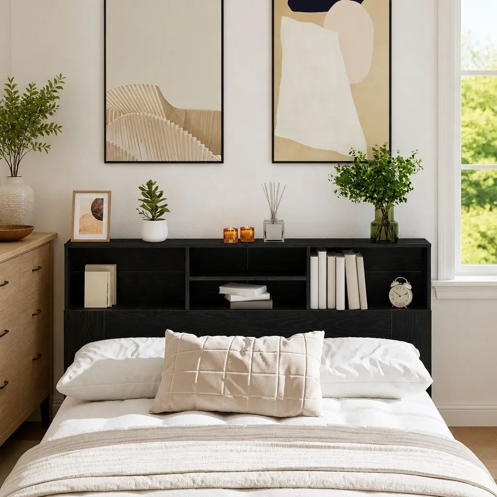 Wall-Mounted Headboard Cabinet Engineered Wood 160cm Black Oak Bedroom Storage Shelving Unit