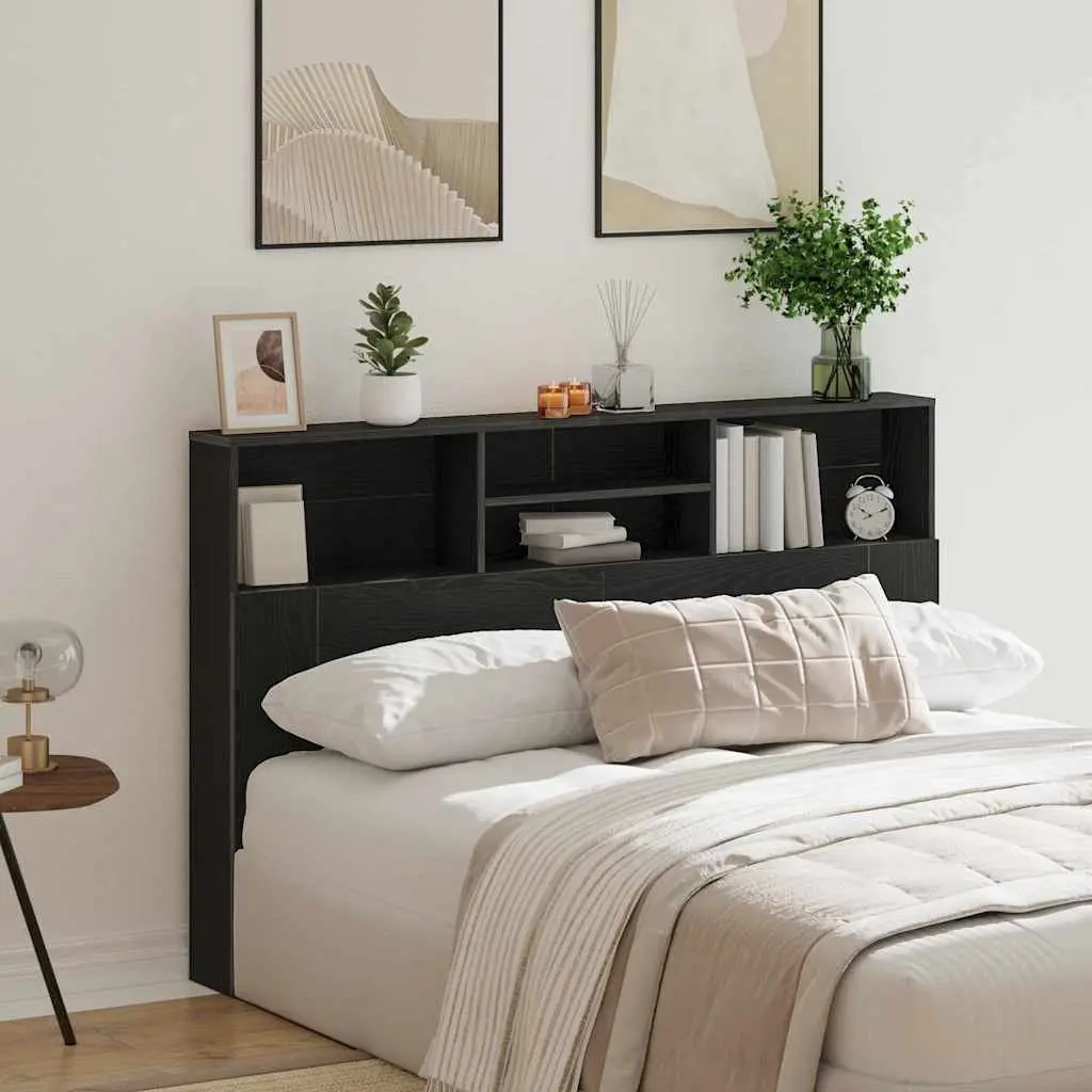 Wall-Mounted Headboard Cabinet Engineered Wood 160cm Black Oak Bedroom Storage Shelving Unit