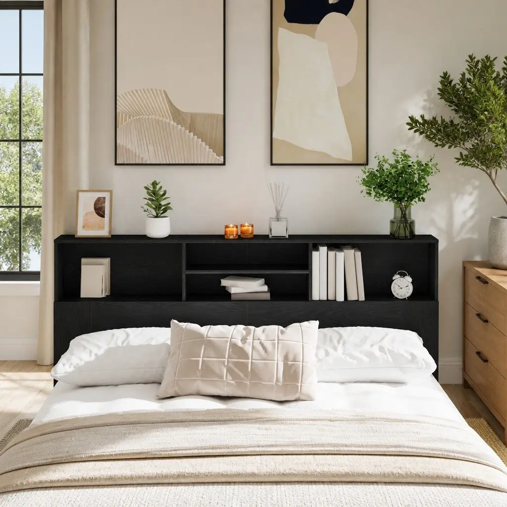 Headboard Cabinet Wall-Mounted Storage Bedroom Furniture Black Oak Modern Design