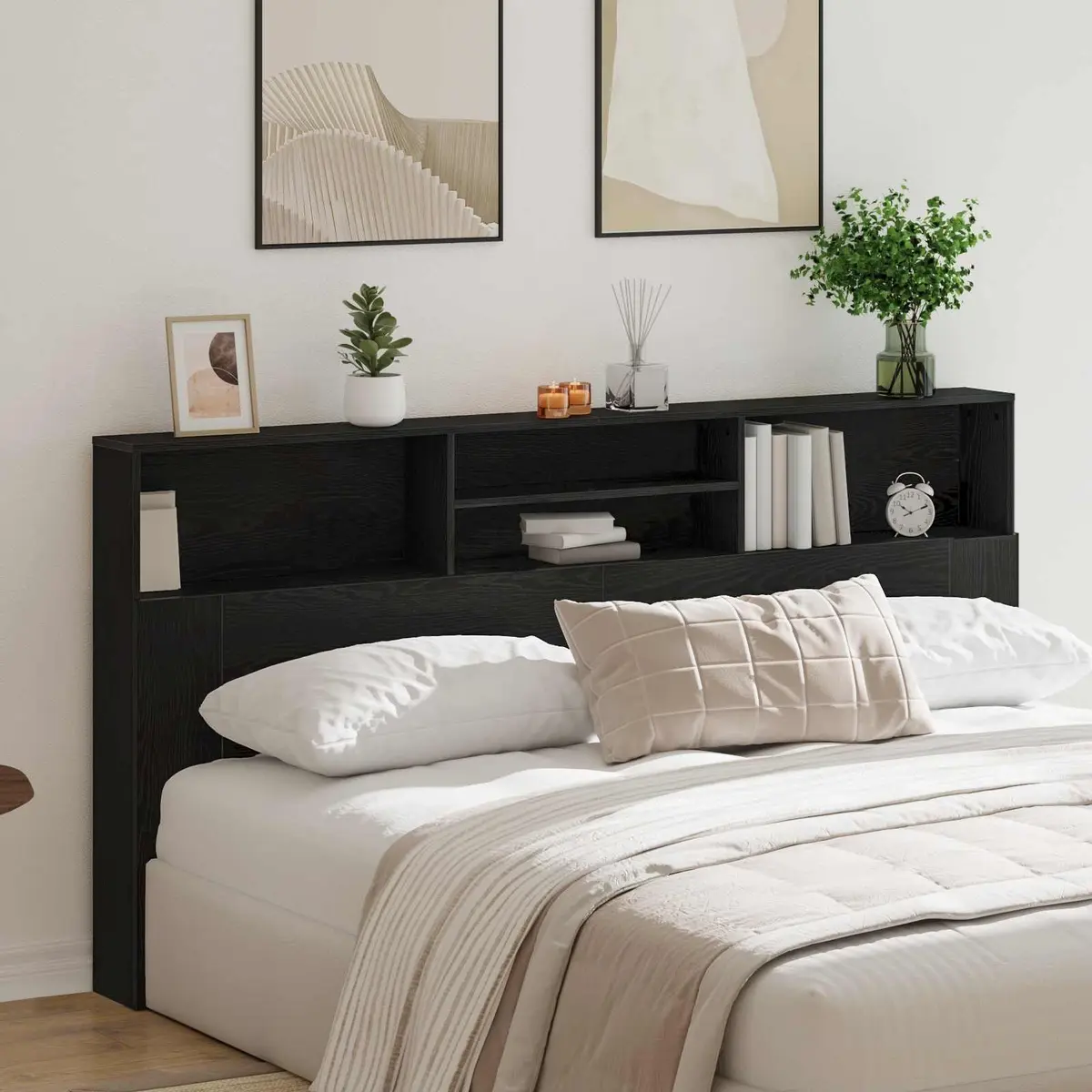 Wall-Mounted Headboard Cabinet Black Oak Storage Shelving Modern Bedroom