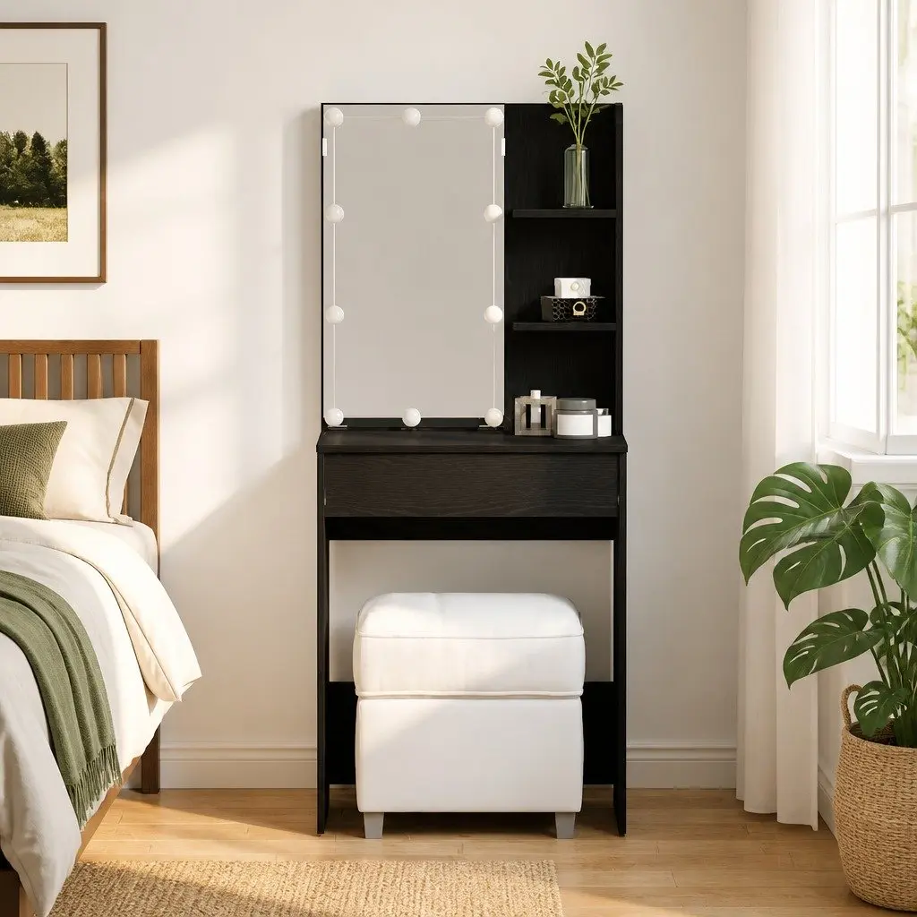 Dressing Table Engineered Wood Black with Mirror Storage Shelves LED Lights