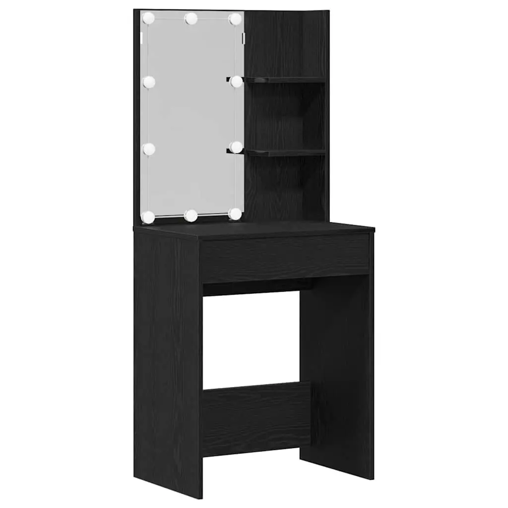 Dressing Table Engineered Wood Black with Mirror Storage Shelves LED Lights