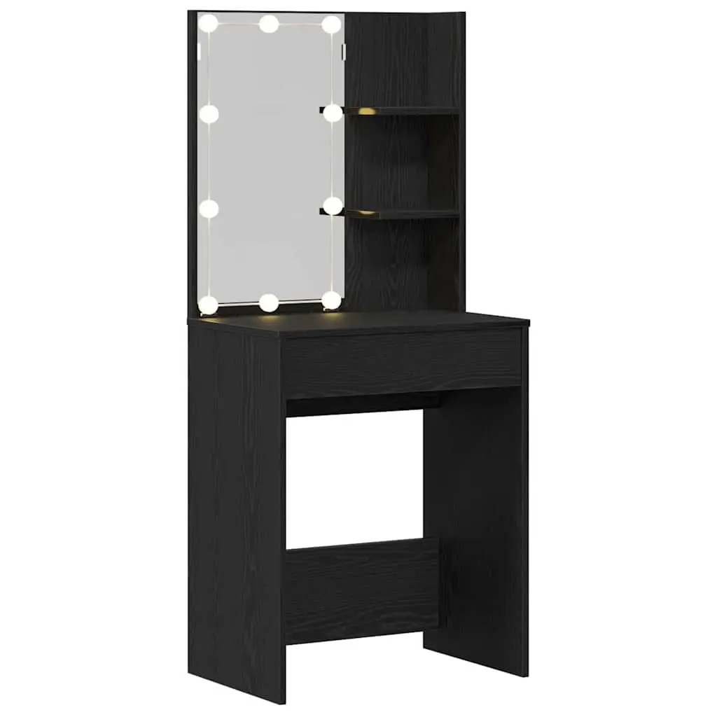 Dressing Table Engineered Wood Black with Mirror Storage Shelves LED Lights