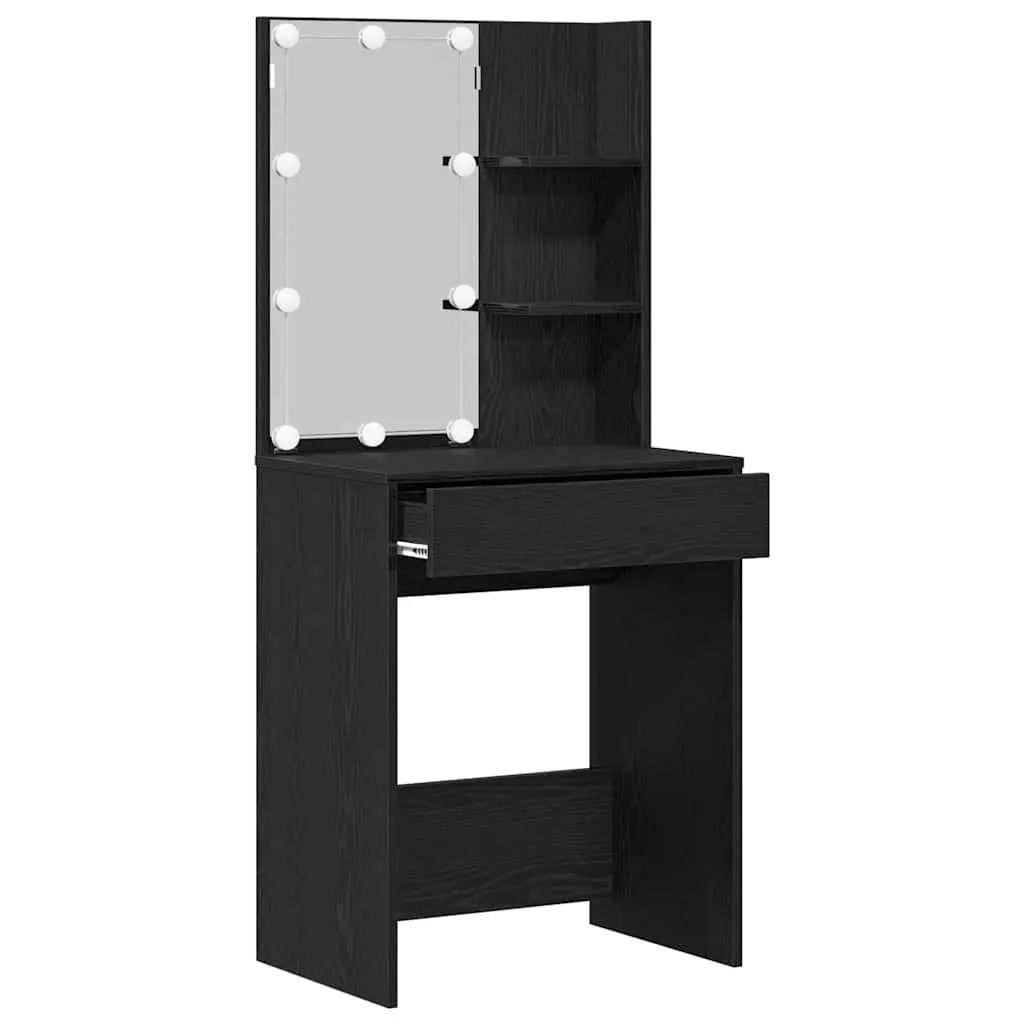 Dressing Table Engineered Wood Black with Mirror Storage Shelves LED Lights
