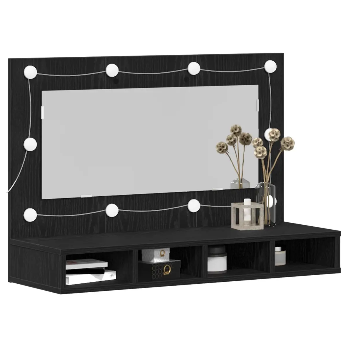 Wall-Mounted Mirror Cabinet Bathroom Vanity Storage Black Oak 90 x 31.5 x 62 cm