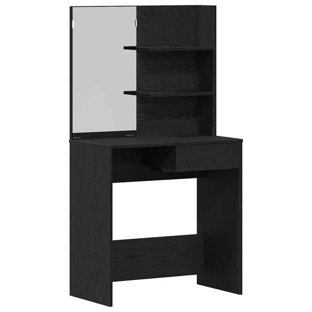 Dressing Table Engineered Wood Black Oak Modern Vanity with Acrylic Mirror Drawers and Shelves