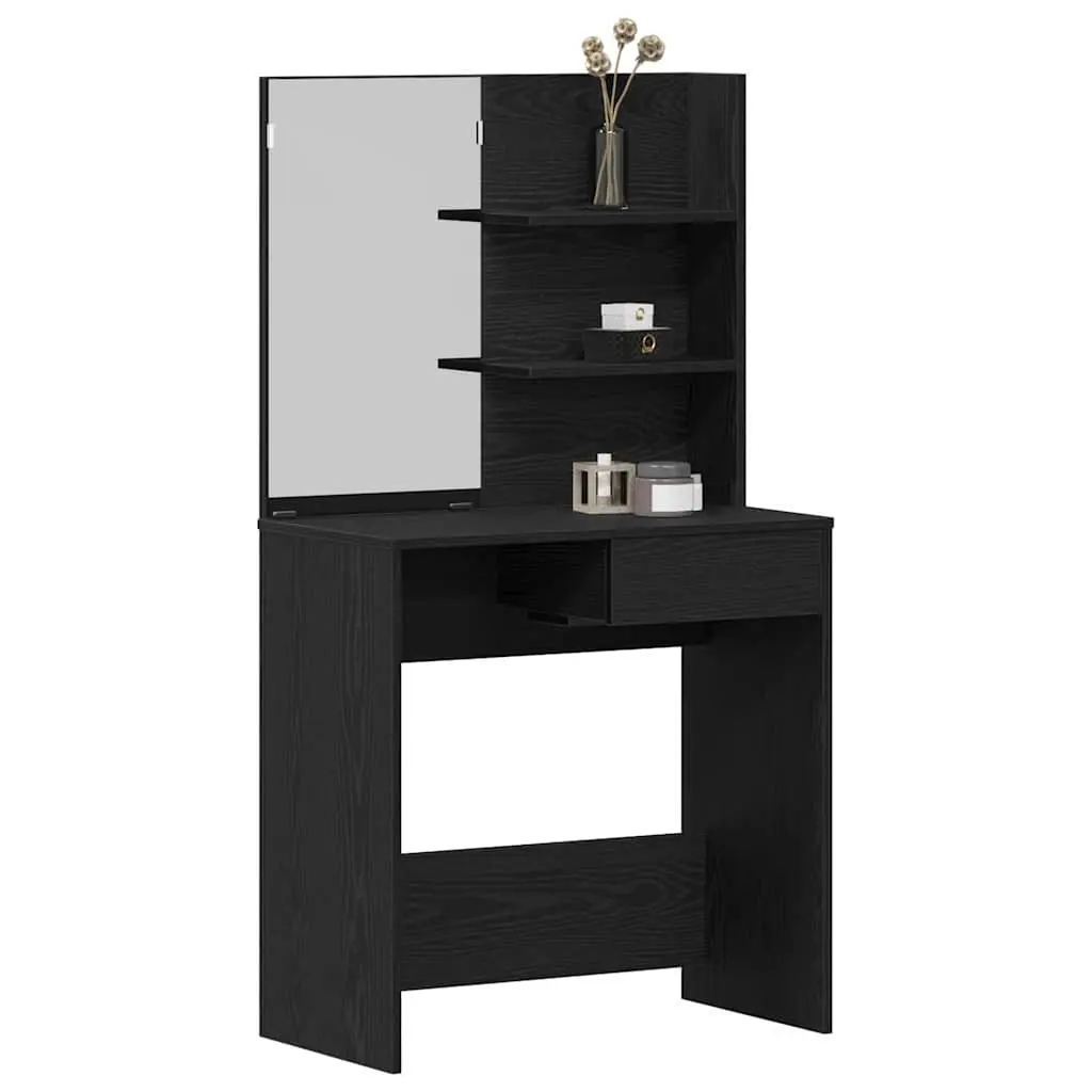 Dressing Table Engineered Wood Black Oak Modern Vanity with Acrylic Mirror Drawers and Shelves