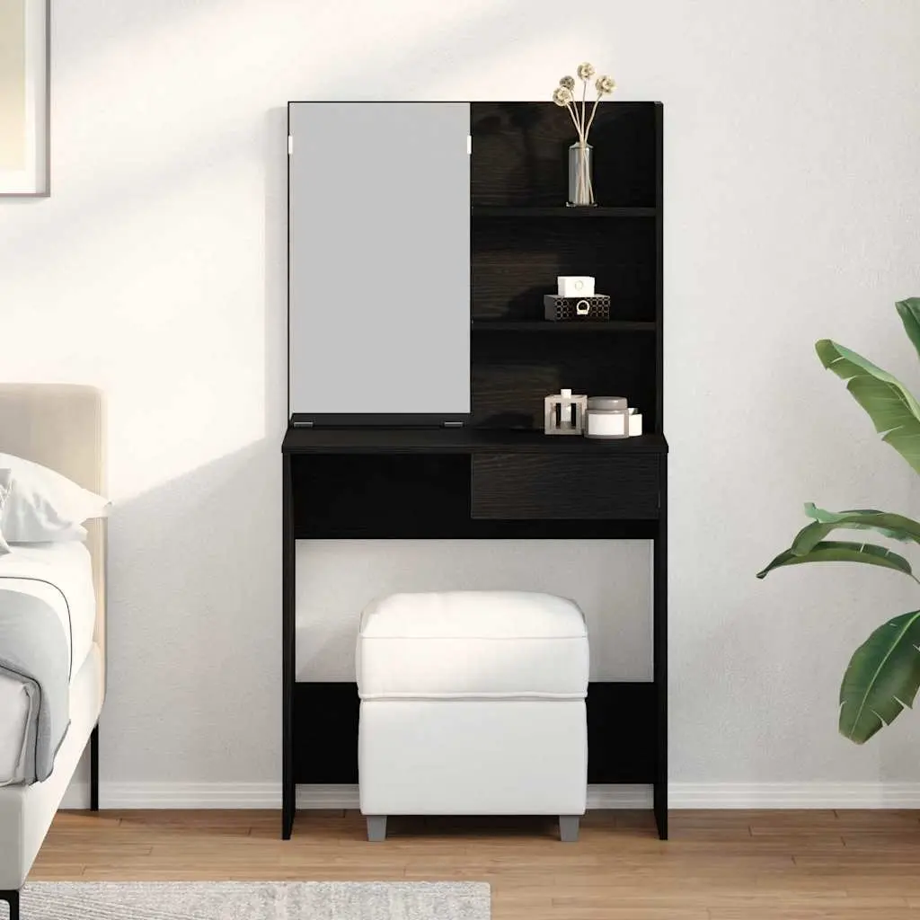 Dressing Table Engineered Wood Black Oak Modern Vanity with Acrylic Mirror Drawers and Shelves