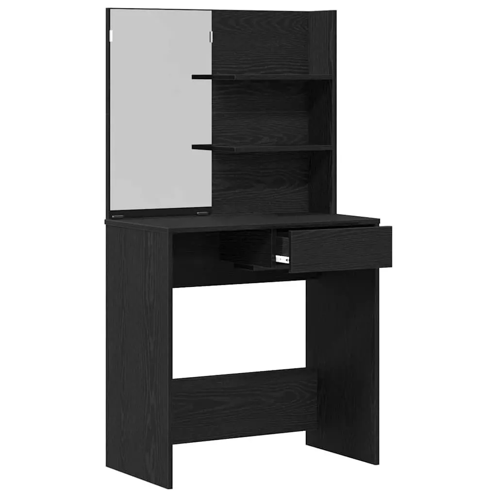 Dressing Table Engineered Wood Black Oak Modern Vanity with Acrylic Mirror Drawers and Shelves
