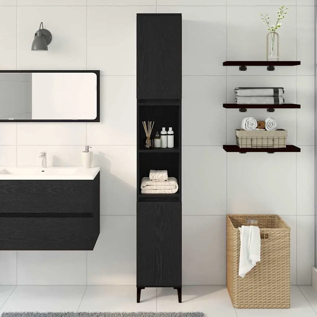 Bathroom Vanity Cabinet Black Oak 30x30x190cm Storage Engineered Wood Shelves