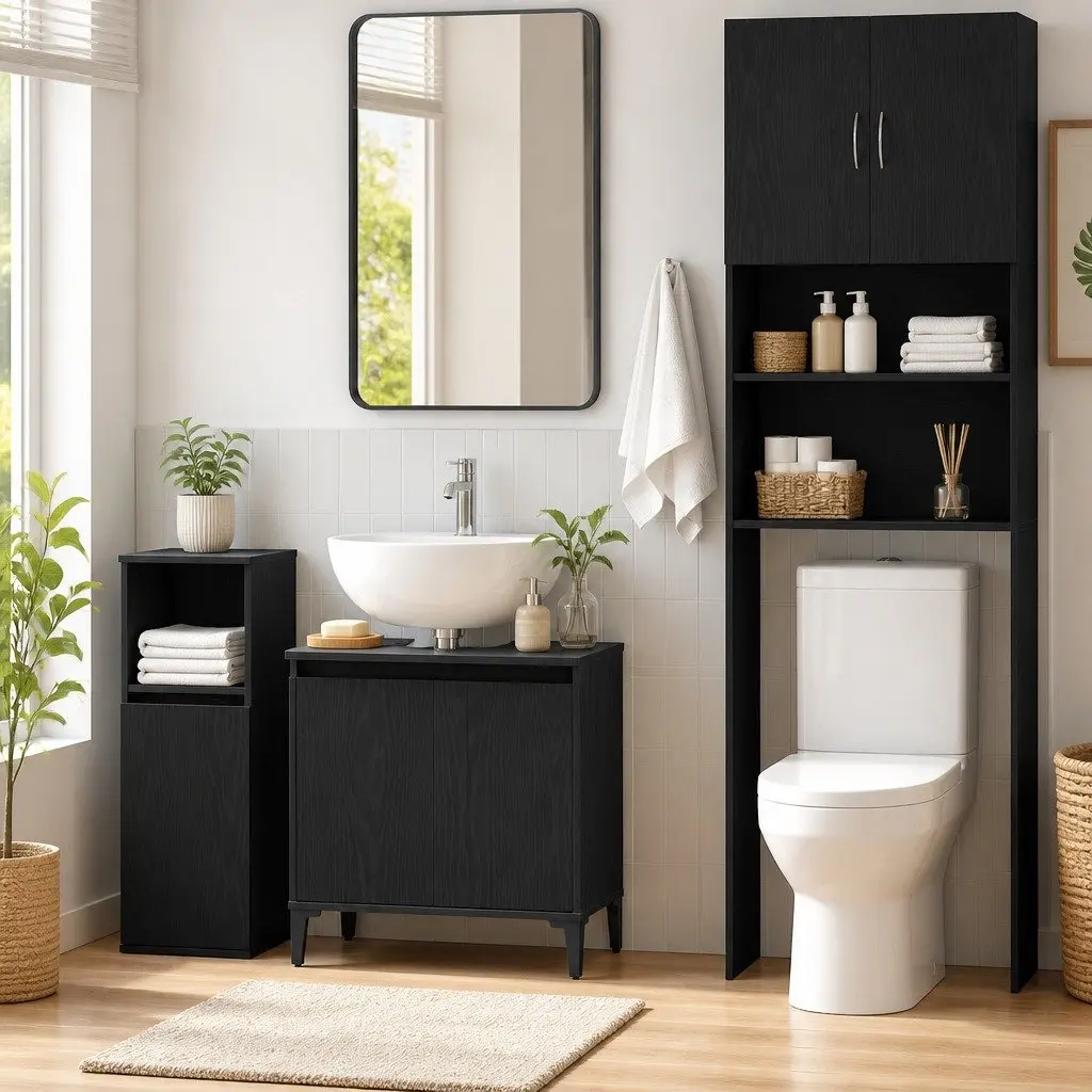 Wall-Mounted Bathroom Sink Cabinet Black Oak Engineered Wood with Hinged Door and Black Steel Legs