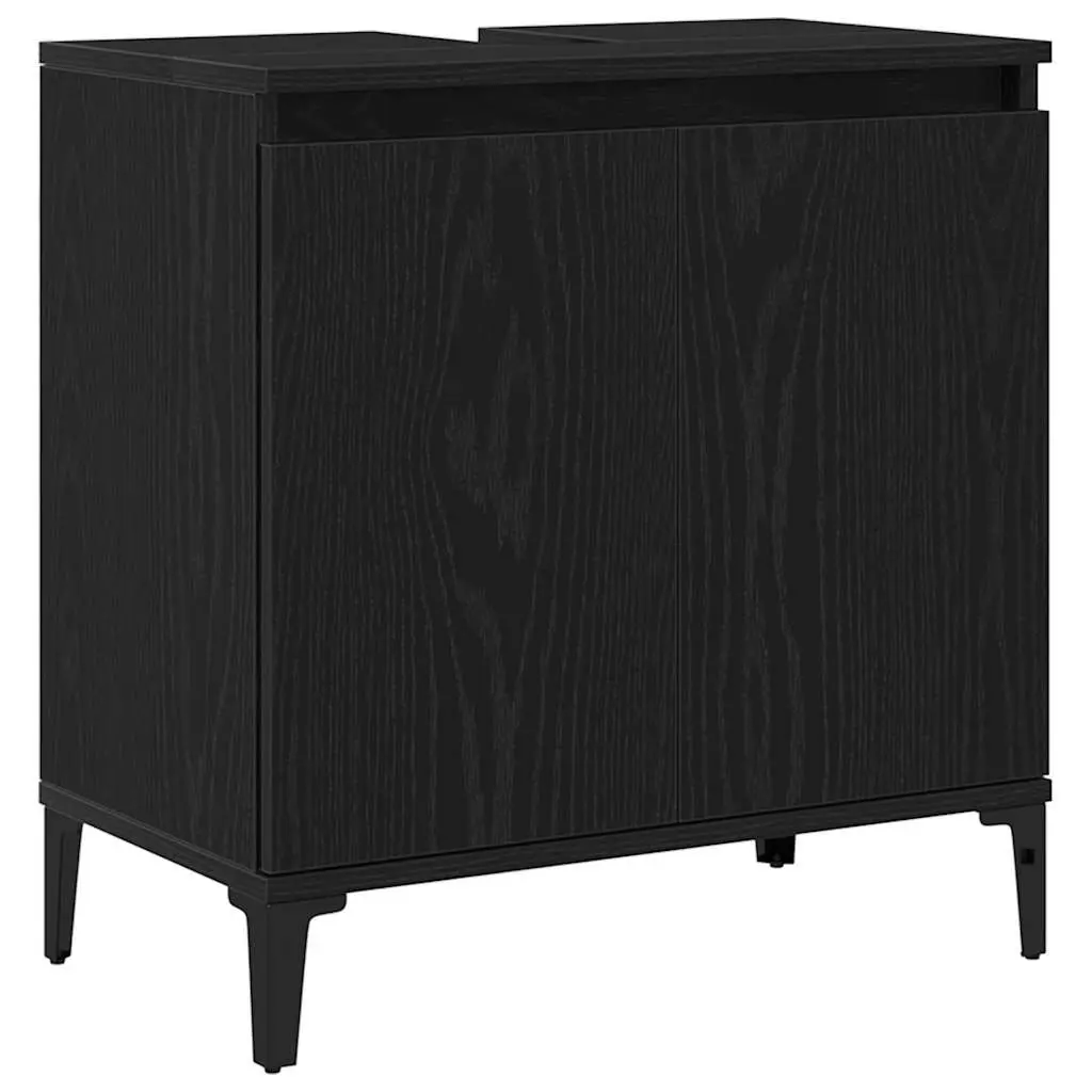 Wall-Mounted Bathroom Sink Cabinet Black Oak Engineered Wood with Hinged Door and Black Steel Legs