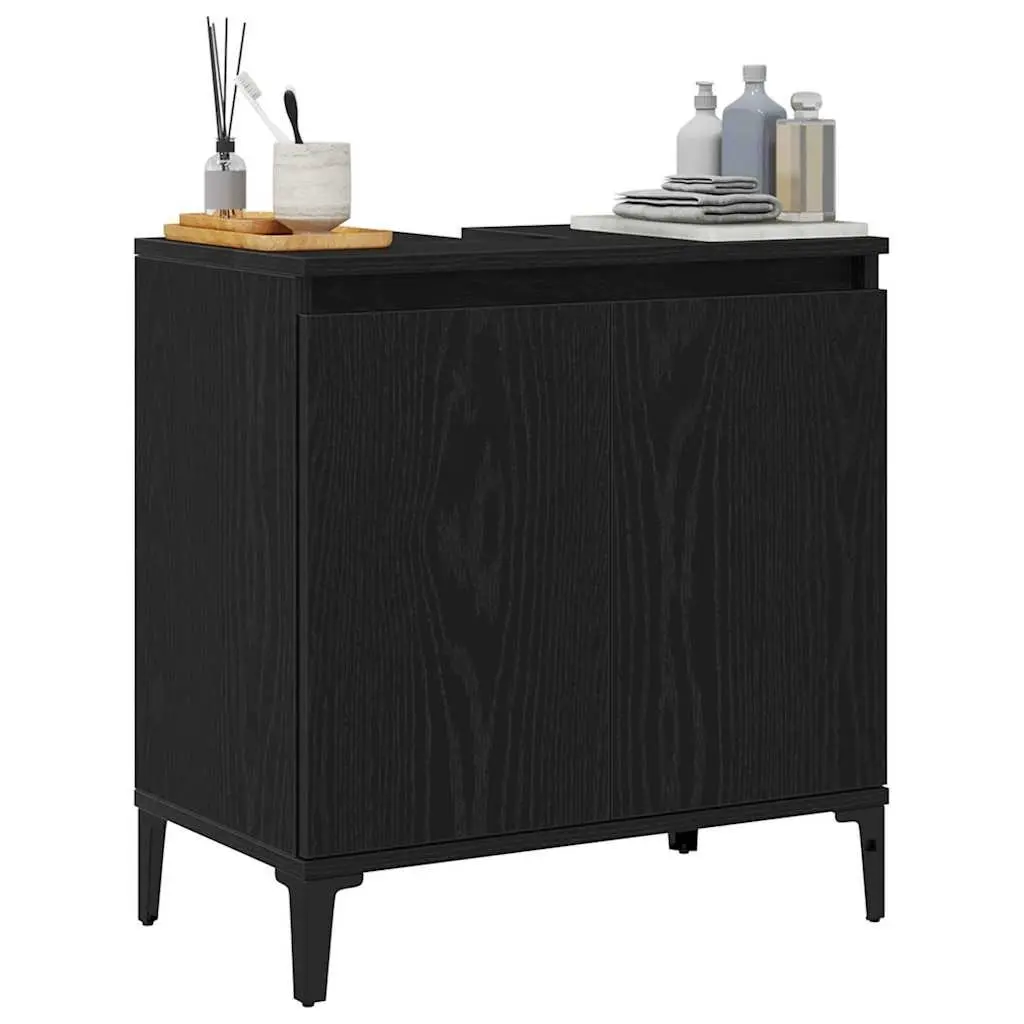Wall-Mounted Bathroom Sink Cabinet Black Oak Engineered Wood with Hinged Door and Black Steel Legs