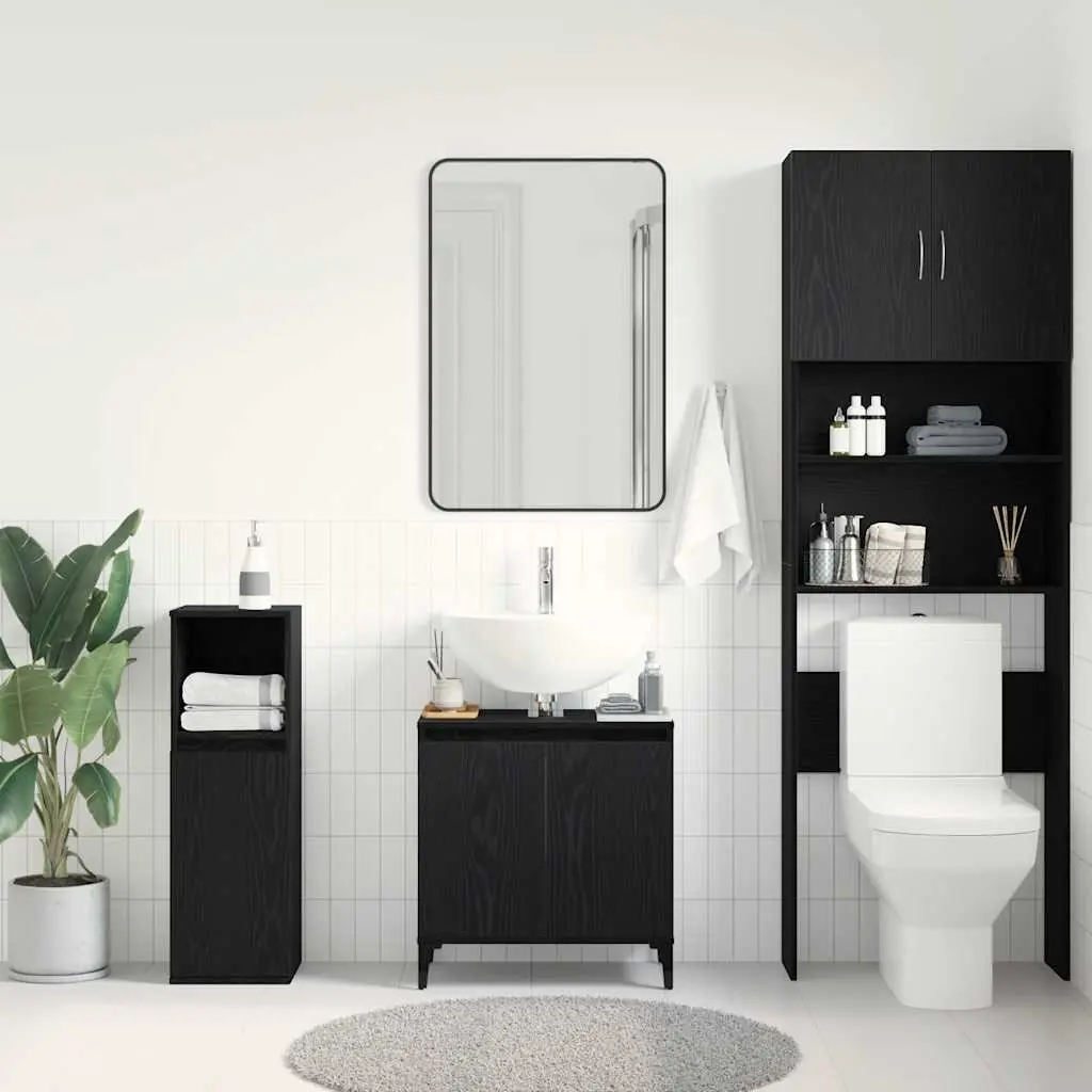Wall-Mounted Bathroom Sink Cabinet Black Oak Engineered Wood with Hinged Door and Black Steel Legs