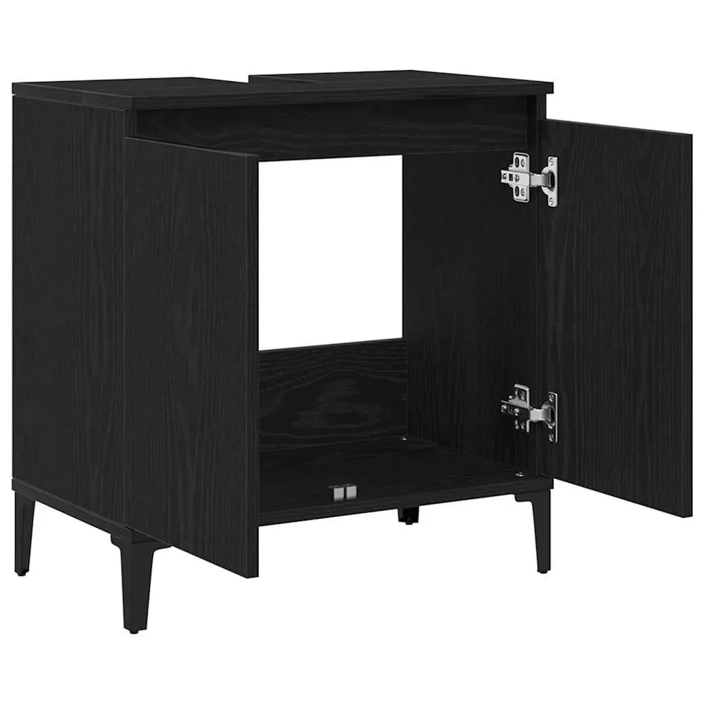 Wall-Mounted Bathroom Sink Cabinet Black Oak Engineered Wood with Hinged Door and Black Steel Legs