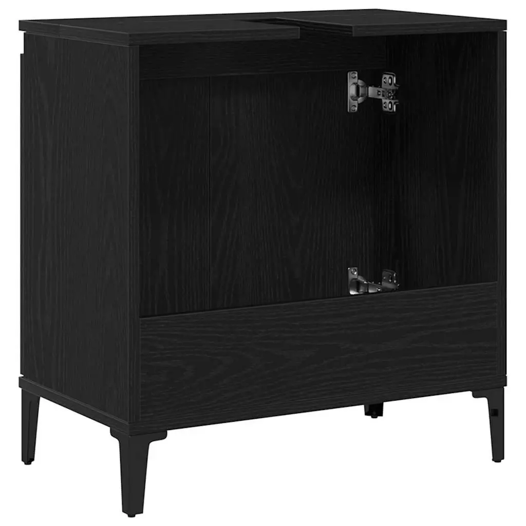 Wall-Mounted Bathroom Sink Cabinet Black Oak Engineered Wood with Hinged Door and Black Steel Legs