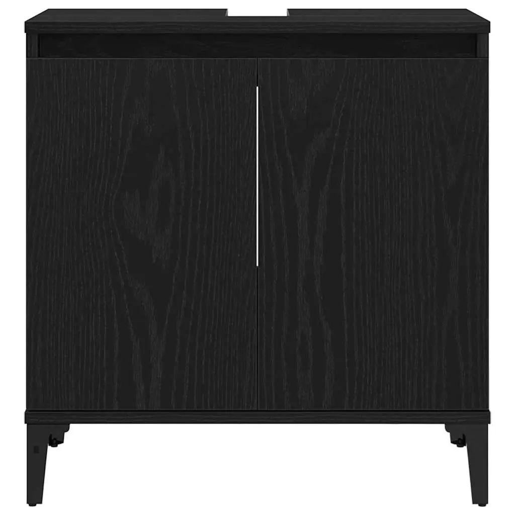 Wall-Mounted Bathroom Sink Cabinet Black Oak Engineered Wood with Hinged Door and Black Steel Legs