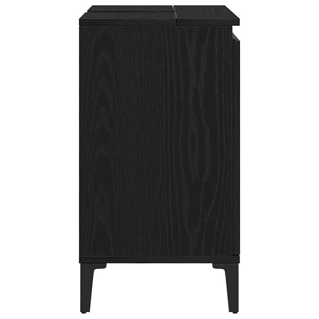 Wall-Mounted Bathroom Sink Cabinet Black Oak Engineered Wood with Hinged Door and Black Steel Legs