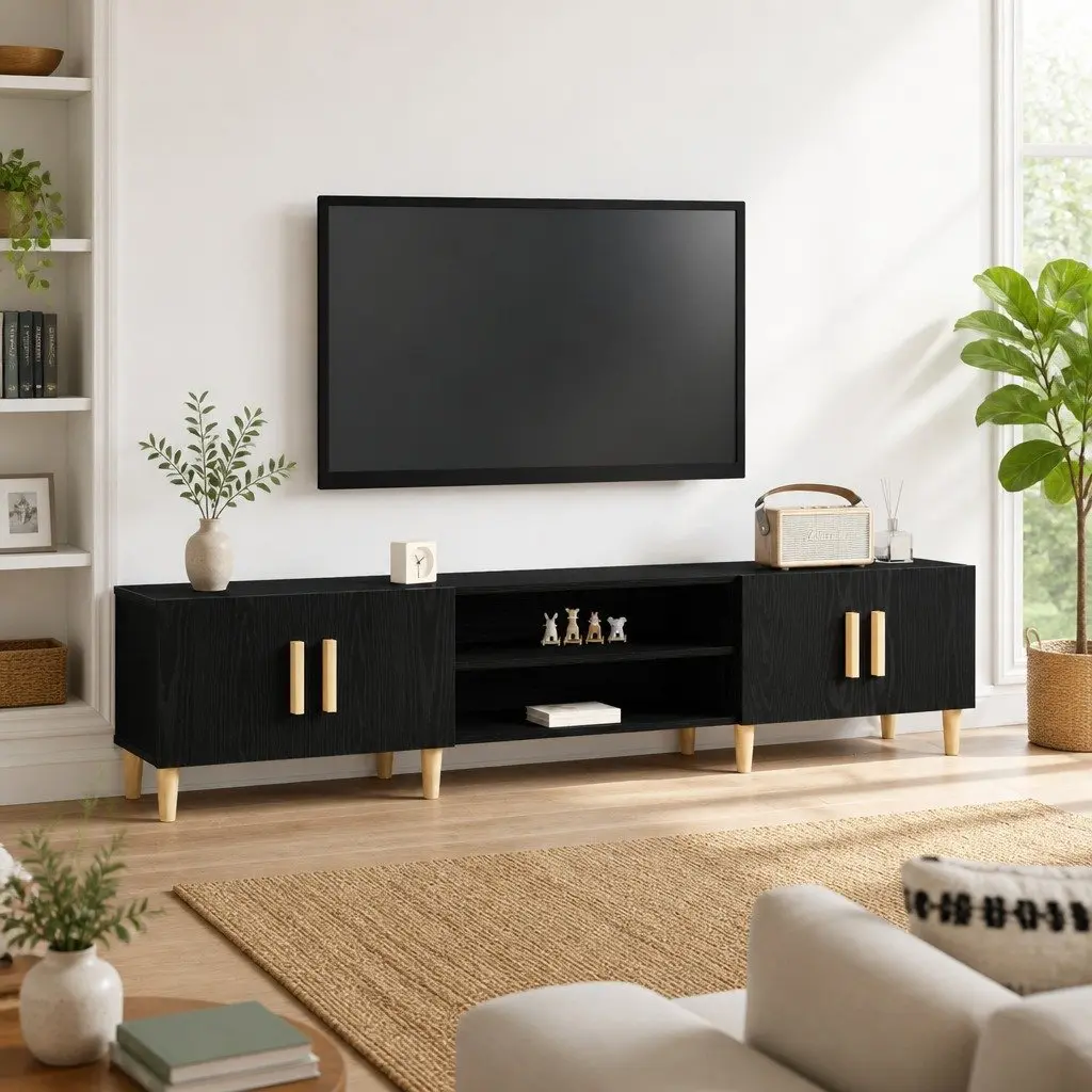 TV Cabinet Engineered Wood 180cm Black Modern Living Room Storage Unit